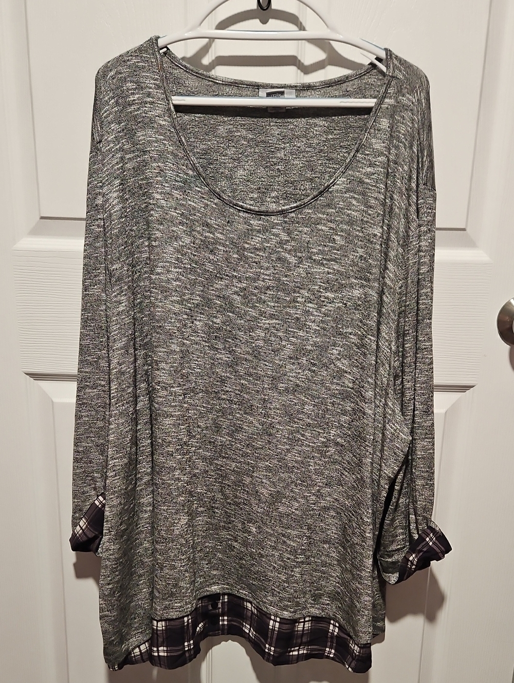 Catherines Gray Marled Long-Sleeve Tunic with Plaid Hem